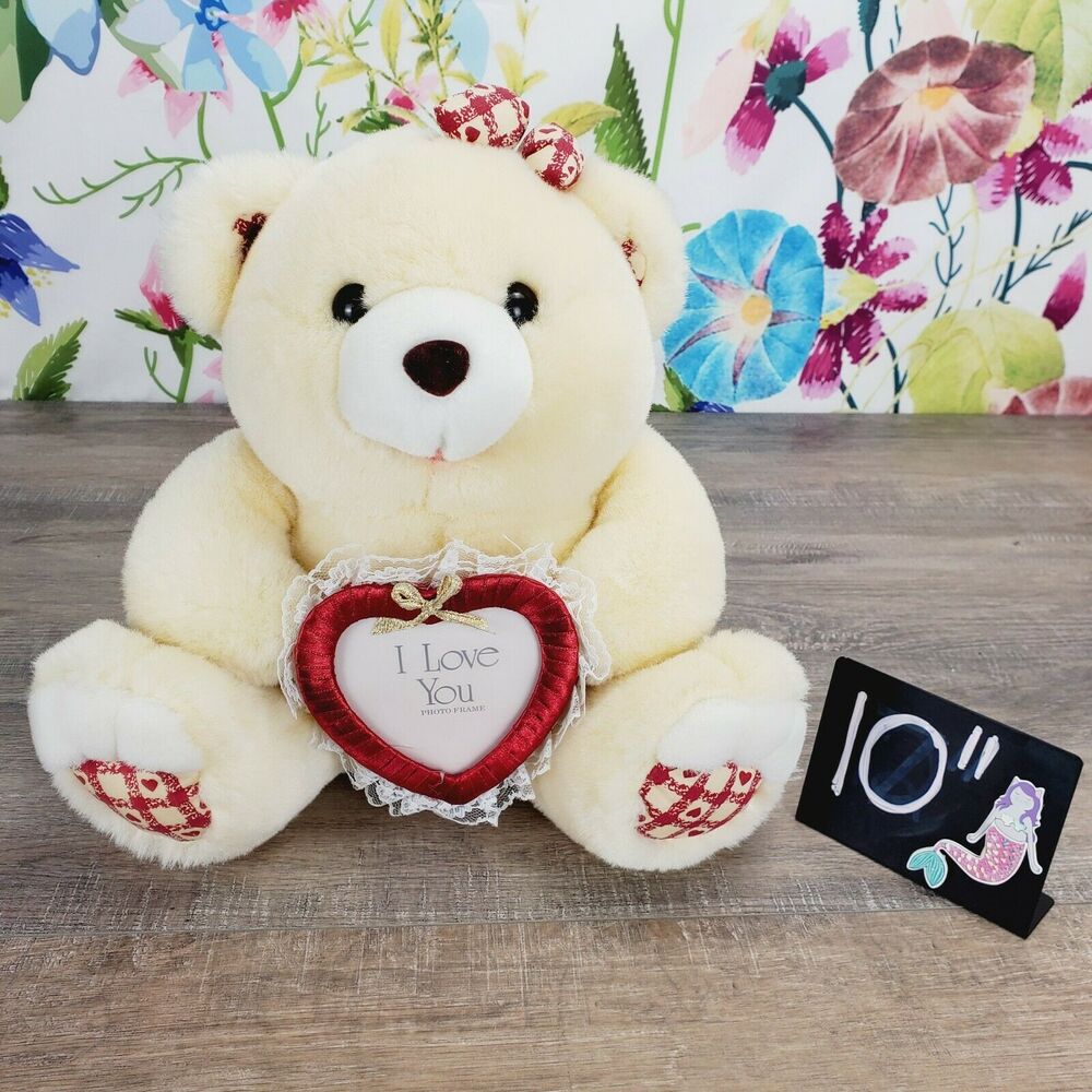Valentine's Day Cream Teddy Bear Plush 12" Red Heart Photo Frame I Love You